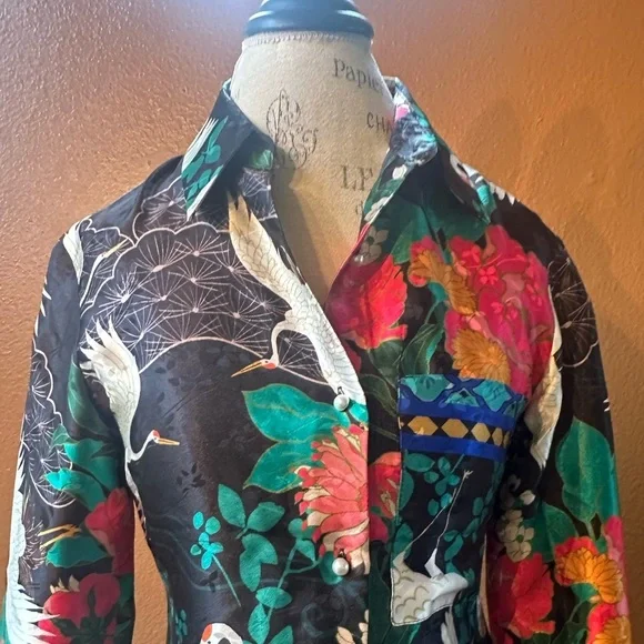 Zara Flowy Blouse with Floral And Crane Print Size XS Excellent Condition! - Picture 8 of 14